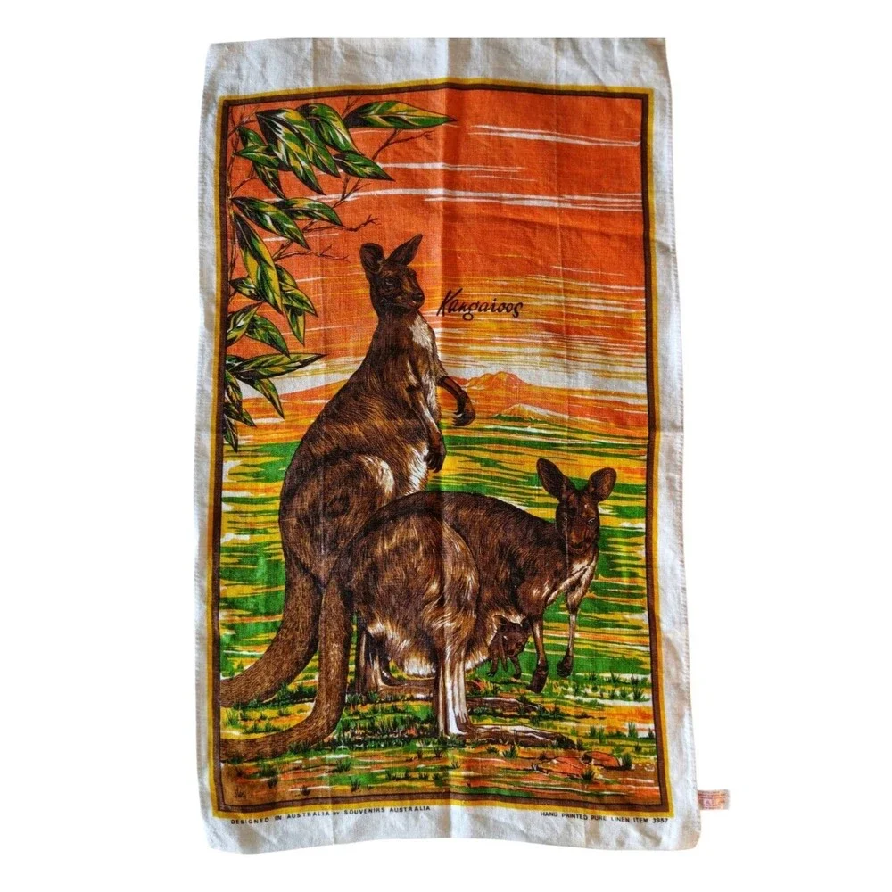 Vintage Hand Printed Linen Tea Towel Australia Kangaroo Pattern 31
